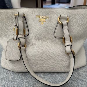 Prada Outlet Cream Pebbled Leather Tote with Gold Hardware Accents